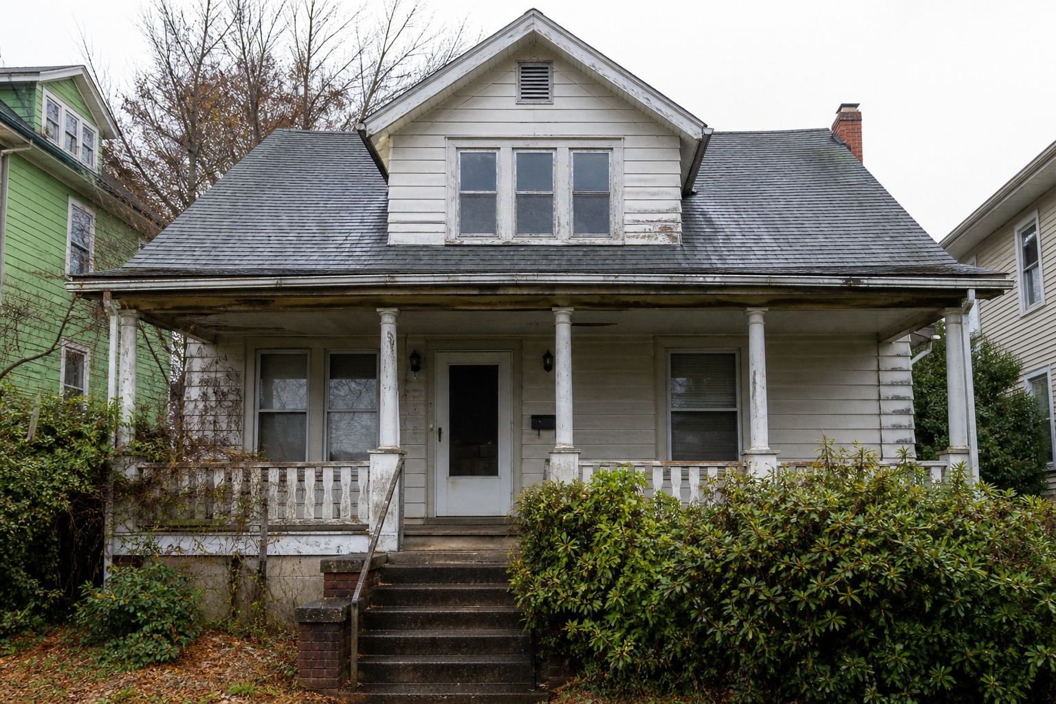 A modest house that needs work on a residential street