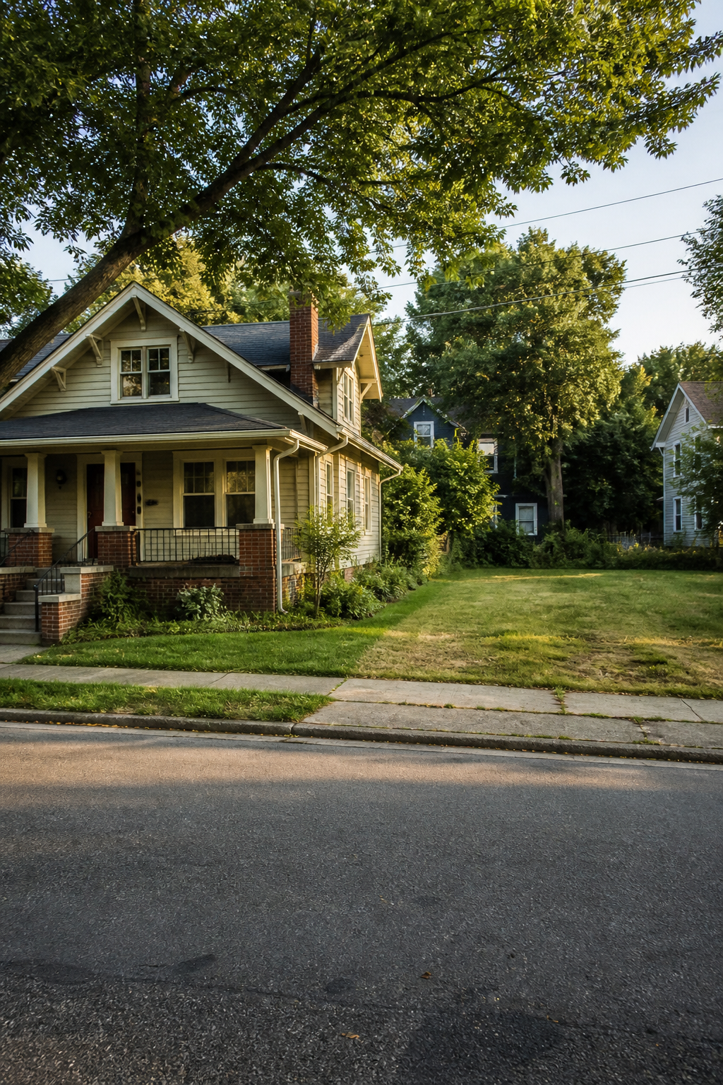 A West Asheville house with a grassy lot beside it on a tree-lined street