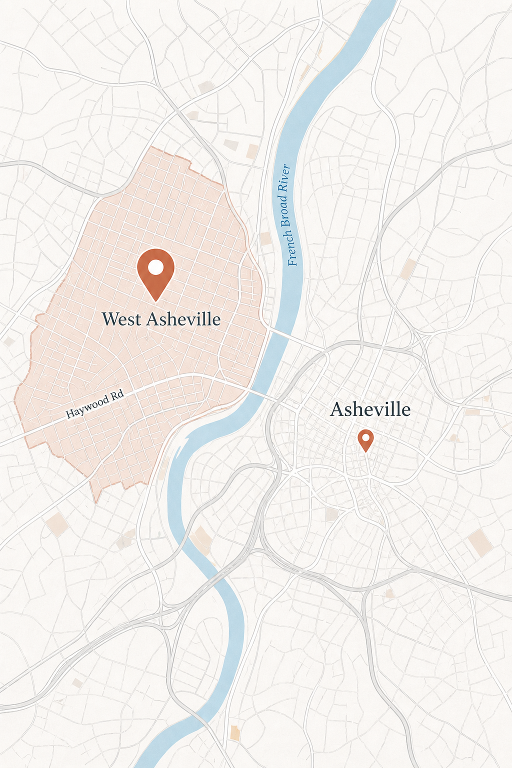Local service map highlighting West Asheville and Asheville