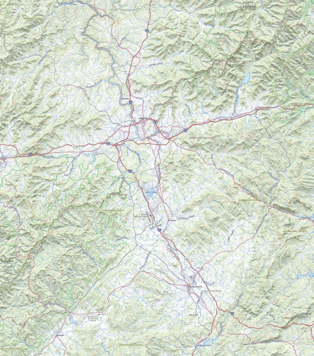 Topographic map of the mountains around Asheville, Hendersonville and Brevard in western North Carolina